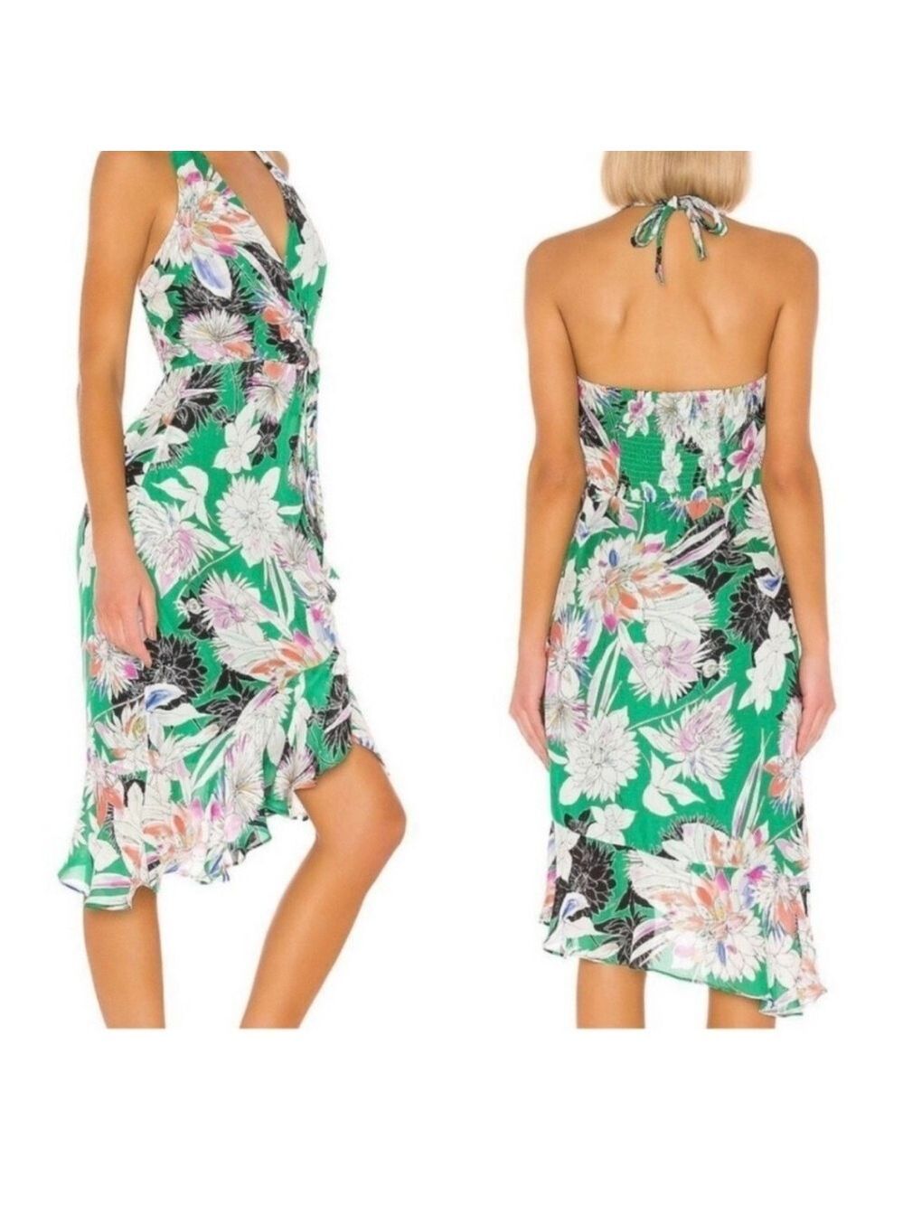 Parker Addie Floral Halter, Faux Wrap Tie Skirt Green Midi Dress with Silk SZ  8
